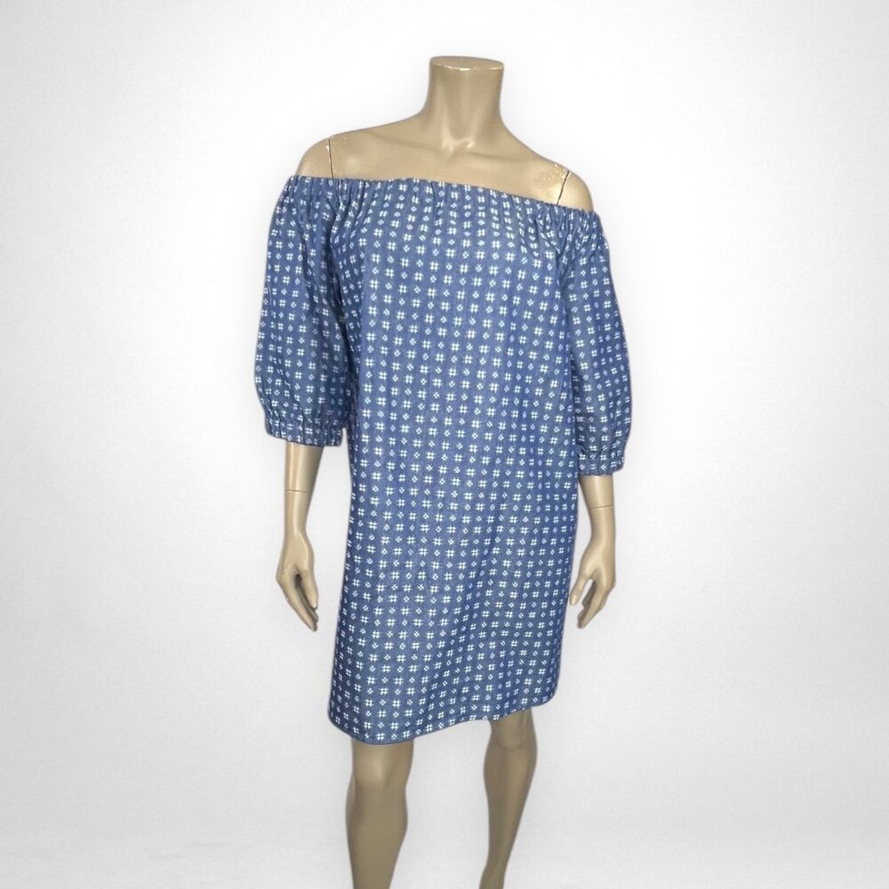 NINA LEONARD Large‎ Off-the-Shoulder Print Denim Dress Western Summer Casual